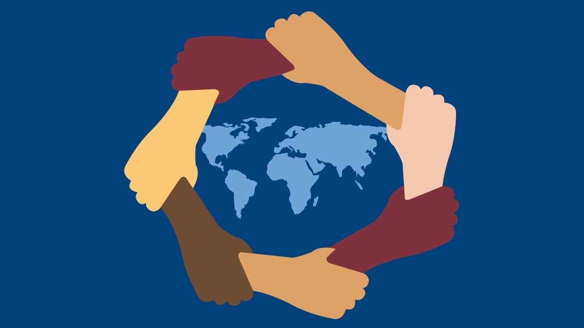 Investing in people, Winning new talents, picture of hands holding together formed into a circle around a world map