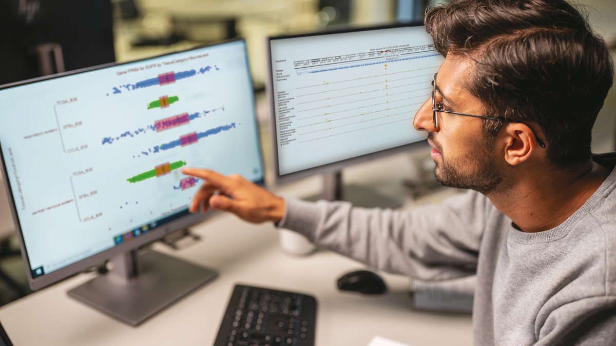 QDI, Indian male, sitting at desk pointing to computer screen