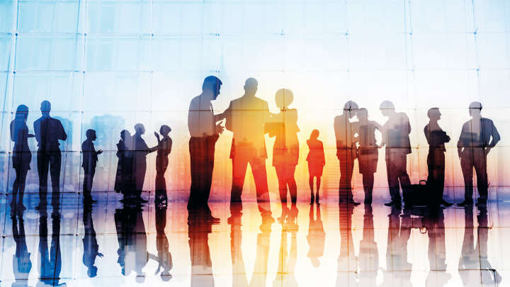 Evening event, invite image for general event, shadow of people in front of windows, blue, yellow colors, night