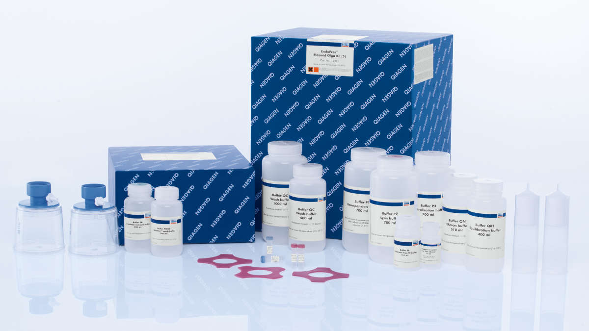 Applications DNA, ADNA, cat no. 12391, EndoFree, Plasmid, Giga Kit, kits with accessories in front, (Kit/Box, Spin/Tube/Plate, Photography, Product image, Applications DNA (ADNA)